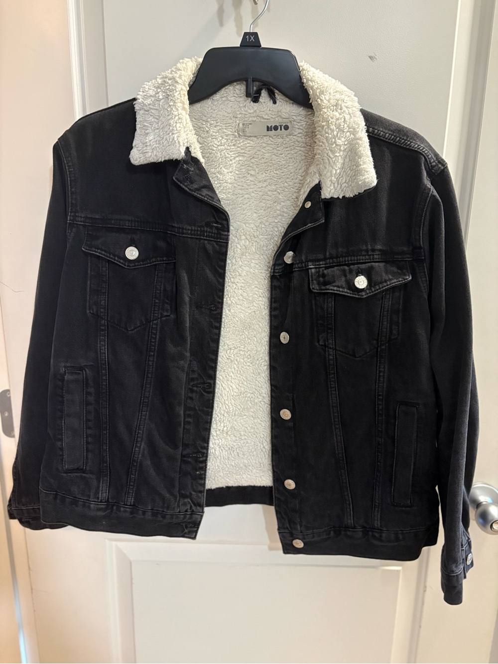 Topshop Moto Black Sherpa-Lined Denim Jacket US 8 UK 12